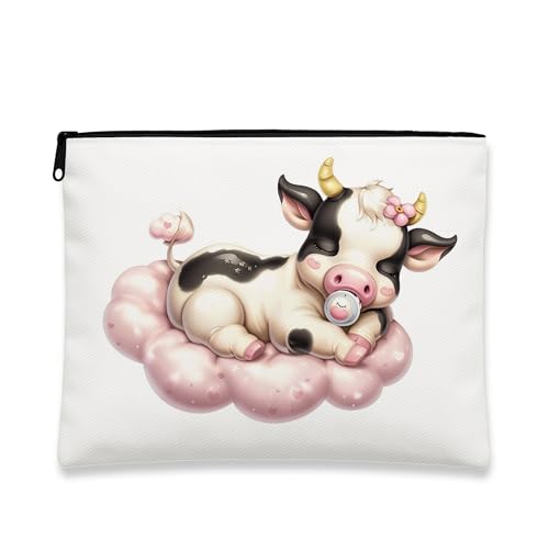 Make-up-Tasche mit niedlichem Kuh-Design, bezaubernde Cartoon-Tier-Kosmetiktasche für Damen, tragbar, kleiner Canvas-Reißverschluss-Organizer, Dusch-/Hautpflege-Kulturbeutel, Weiss/opulenter Garten von Generic