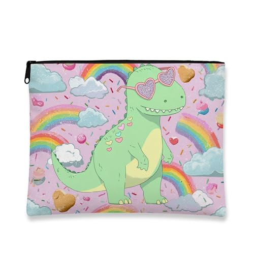 Make-up-Tasche mit süßem Dinosaurier-Motiv, niedlicher Dino-Regenbogen-Druck, Kosmetiktasche für Damen, tragbare kleine Canvas-Tasche mit Reißverschluss, lustiges Geschenk, Hautpflege, Kulturbeutel von Generic
