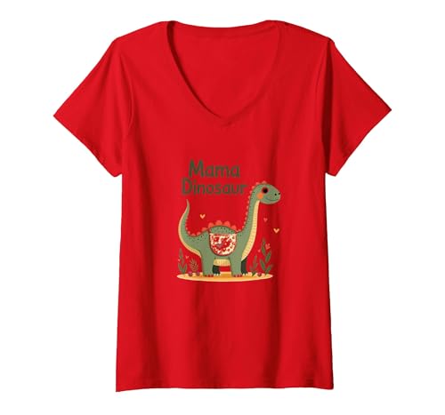 Mama Dinosaurier: Niedliche prähistorische Mutterliebe T-Shirt mit V-Ausschnitt, Damen, Rot, L von Generic