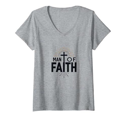 Man of Faith Religiöses Andachtskreuz für Männer T-Shirt mit V-Ausschnitt, Damen, Grau Meliert, XL von Generic