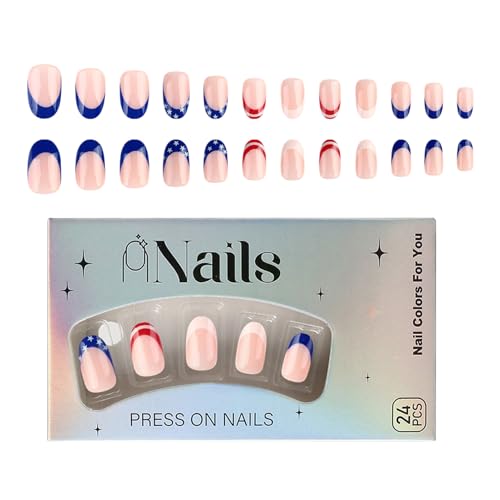 Mandelförmige künstliche Nägel – 24 künstliche Nägel mit Flaggenmotiv für Mädchen | Nude Spitzen mit Sternen für den Unabhängigkeitstag | Wiederverwendbare glänzende künstliche Nägel für fi von Generic
