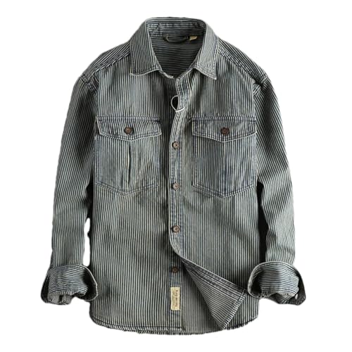 Mann gewaschen Retro Distressed Denim Baumwolle Herrenhemden schwere Casual Arbeitsbluse für Männer männliche Tops-Distressed Blue-L von Generic