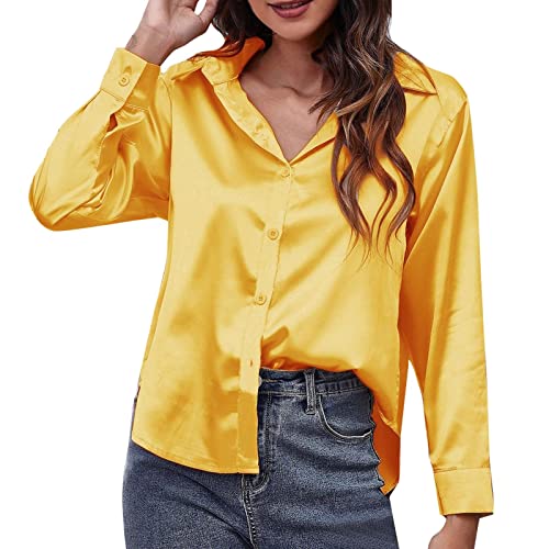 Manschettenknöpfe Damen langärmliges Hemd europäische amerikanische Außenhandels-Grenzkleidung Bluse Terracotta Damen (Yellow, M) von Generic