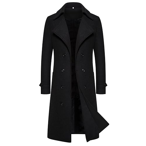 Mantel Herren Lang, Trenchcoat Herren Große Größen,Wollmantel Herren Zweireihiger Einfarbig Warmer Winterjacke Stylischer Umlegekragen Herrenmantel Lässig Slim Fit Windbreaker Coat Jacke Wintermäntel von Generic