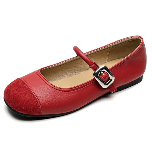 Mary Jane Ballerinas Damen Schuhe Aus Wildleder Mit Rundem Zeh Bequeme Elegante Casual Slip On Arbeits Und Täglicher Gebrauch Weiche Flache Schuhe,Rot,35 EU von MiaZane