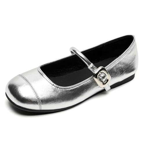 Mary Jane Ballerinas Damen Schuhe Aus Wildleder Mit Rundem Zeh Bequeme Elegante Casual Slip On Arbeits Und Täglicher Gebrauch Weiche Flache Schuhe,Silber,42 EU von MiaZane