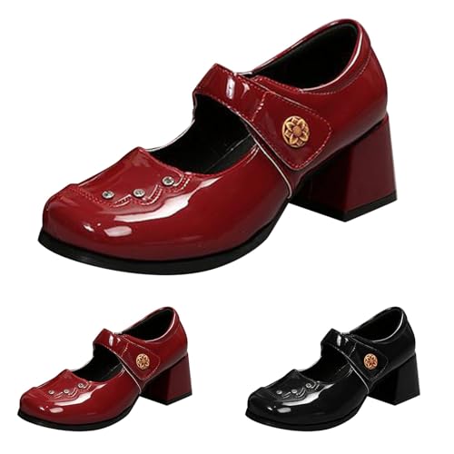 Mary Jane Halbschuhe für Damen Blockabsatz - Ballerinas Damen elegant mit Riemchen - high Heels Slip On Kleidschuhe pu-Leder Loafers Square Toe Einzelneschuhe Hochzeits Stöckelschuhe von Generic