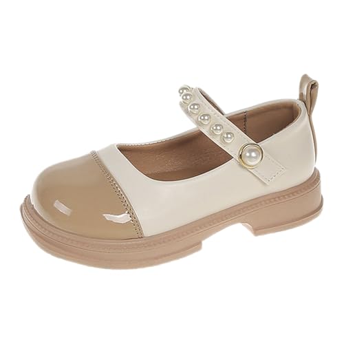 Mary Jane Mädchen-Schuhe, flache Schnalle, Riemen, runde Spitze, Prinzessin, Schleife und Perlen, flach, weich, elegant, Kinder, Abendschuhe, Hochzeit, I Khaki, 30 EU von Generic