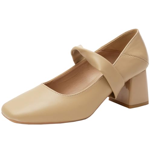 Mary Jane Pumps Damen Blockabsatz Geschlossene Zehe Arbeitspumps Dekorativer Schleifen Riemen Quadratische Zehe Abendschuhe Hochzeitsschuhe Für Büro Und Tägliches Tragen,Apricot,34 EU von MiaZane