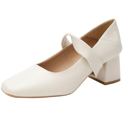 Mary Jane Pumps Damen Blockabsatz Geschlossene Zehe Arbeitspumps Dekorativer Schleifen Riemen Quadratische Zehe Abendschuhe Hochzeitsschuhe Für Büro Und Tägliches Tragen,Beige,40 EU von MiaZane