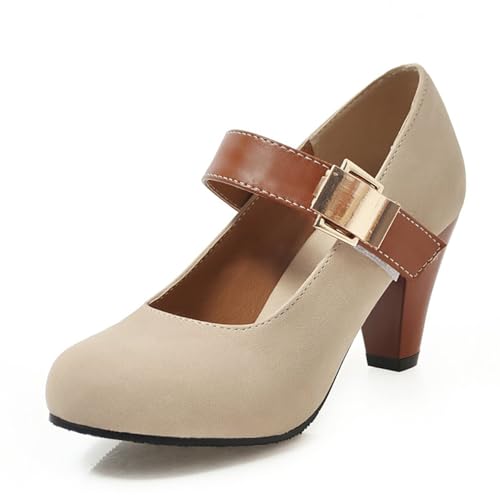 Mary Jane Pumps Damen Blockabsatz Geschlossene Zehe Arbeitspumps Wildleder Mit Braunem Riemen Runde Zehe Abendschuhe Hochzeitsschuhe Für Büro Und Tägliches Tragen,Beige,37 EU von MiaZane