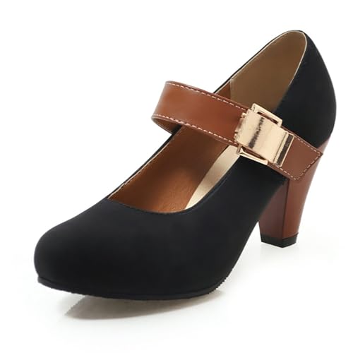 Mary Jane Pumps Damen Blockabsatz Geschlossene Zehe Arbeitspumps Wildleder Mit Braunem Riemen Runde Zehe Abendschuhe Hochzeitsschuhe Für Büro Und Tägliches Tragen,Schwarz,38 EU von MiaZane