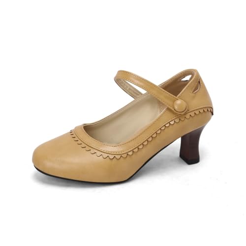 Mary Jane Pumps für Damen mit Wellenschliff Knöchelriemen Kitten Heels Runde Zehenpartie Kunstleder Kleid Party Mode Schuhe,Gelb,46 EU von Generic