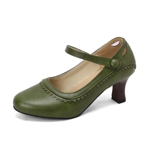 Mary Jane Pumps für Damen mit Wellenschliff Knöchelriemen Kitten Heels Runde Zehenpartie Kunstleder Kleid Party Mode Schuhe,Grün,38.5 EU von Generic