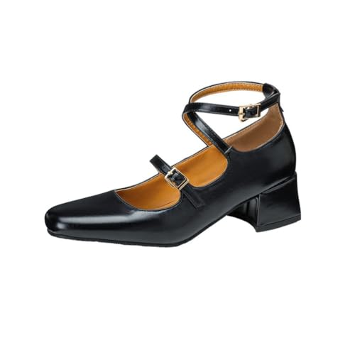 Mary Jane Pumps für Damen mit doppelten Knöchelriemen Quadratische Zehenpartie Chunky Blockabsatz Elegante einfarbige Lederschuhe,Schwarz,43 EU von Generic