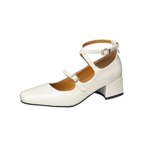Mary Jane Pumps für Damen mit doppelten Knöchelriemen Quadratische Zehenpartie Chunky Blockabsatz Elegante einfarbige Lederschuhe,Weiß,44 EU von Generic