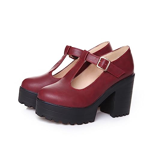 Mary Jane Schuhe Damen High Heels Blockabsatz Abendschuhe Weiches Kunstleder Knöchel Lolita Gothic Plateau Kleid Pumps Schuhe Chunky Plateauschuhe Lackleder Plattform Partyschuhe von Generic