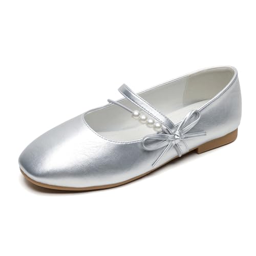 Mary Jane Schuhe Damen Mit Perlen Schleife Bequem Casual Slip On Ballerina Absatzlose Pumps Mit Metallischer Fußgewölbe Unterstützung Casual Arbeit Büro,Silber,39 EU von MiaZane