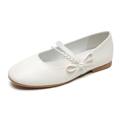 Mary Jane Schuhe Damen Mit Perlen Schleife Bequem Casual Slip On Ballerina Absatzlose Pumps Mit Metallischer Fußgewölbe Unterstützung Casual Arbeit Büro,Weiß,42 EU von MiaZane