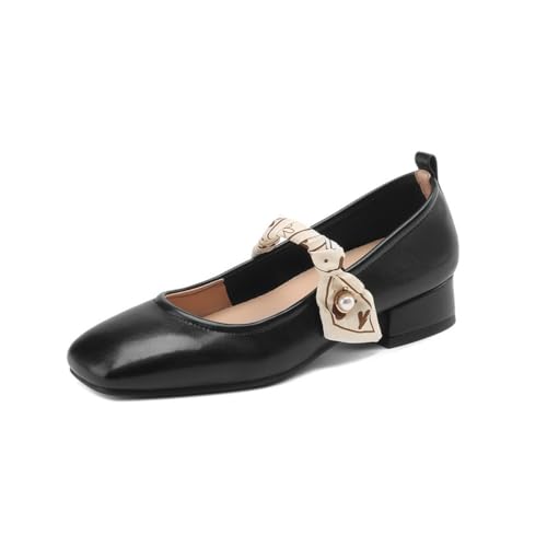 Mary Jane Schuhe mit quadratischer Zehenpartie für Damen Beiges Leder mit gemustertem Schalriemen und perlmuttfarbenem Blockabsatz Elegantes Kleid Pumps,Schwarz,34 EU von Generic