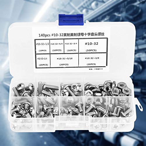 Maschinenschrauben-Sortiment-Kit, Muttern und Schrauben PH-Pfanne Kopfschrauben Kit 140pcs #10-32 304 Edelstahl-Sortimentssatz von Generic