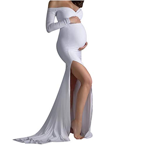 Maxi-Schwangerschaftskleider für Fotoshootings Schwangere Damen Geteilte Umstandskleid Elegante Fotografie Requisiten Mutterschaft Schulterfreies Hochzeit Abendkleid Umstandsmode (White, M) von Generic