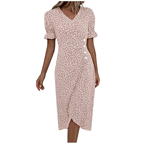 Maxikleid Damen Sommer Lange Sommerkleider Damen Leicht Kleid Tunika Hängerchen A-Linie Kleider Damen Kurzarm V Ausschnitt Luftig, Leichtes Sommerkleid Damen Lang Blumenmuster Gesmoktes Kleid von Generic