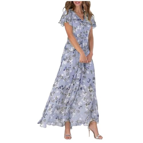 Maxikleider Damen, Uk V-Ausschnitt Kurzärmliges Gerafftes Kleid Swing Lang Chiffon Florales Kleid Mode Tailliert Fließende Kleider Pub Elegant Weiches Sommerkleid Strandkleider Für Frauen Uk von Generic