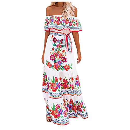 Maxikleider Damen Fließendes Schulterfreies Kleid Sommer Trägerloses Maxikleid Lang Abendkleid Boho Blumenmuster Off Shoulder Urlaubskleider Strandkleid Partykleid von Generic