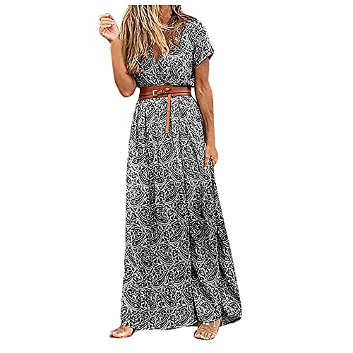 Maxikleider Damen Kleider Strand A-Linie Kleid Kurzarm Sommerkleider V-Ausschnitt Tunika Maxi Kleider Blumen Streifen Blumenkleid Maxikleid mit Gürtel von Generic