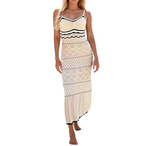 Maxikleider Damen Langarm Eng Damen-Kleid mit Spaghettiträgern, gehäkelte Öse, ärmellos, gestreift, Midikleid, Sommer, Strand, gestrickt, Lange Kleider Weißes Sommerkleid Mit Ärmel (White, S) von Generic