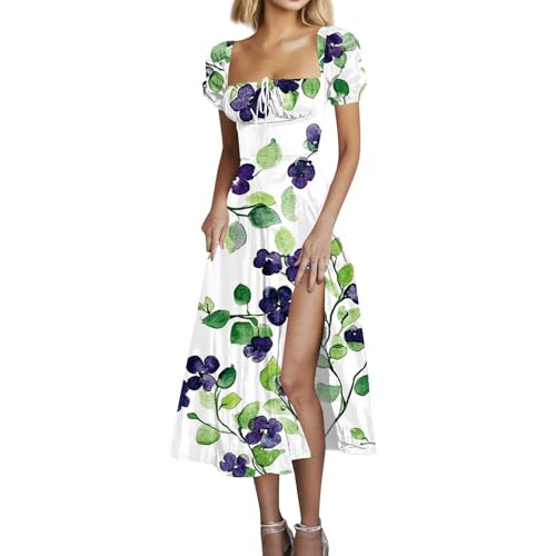 Maxikleider Damen Sommer, Sommerkleid Lang Elegant Blumen Kleid mit Schlitz Hohe Taille Geblümt Kleider Puff Ärmel Quadratischer Ausschnitt Strandkleid Luftig A Linie für Urlaub 3XL C Green von Generic