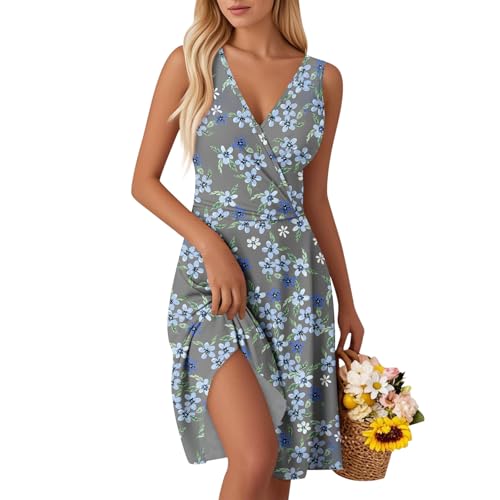 Maxikleider Damen Sommer V-Ausschnitt Kleid Ärmellose Casual Kleider Sommerkleid Floral Party Kleid A-Linie Hohe Taille Strandkleider Leicht und Luftig Minikleid für Urlaub S-2XL A Gray L von Generic