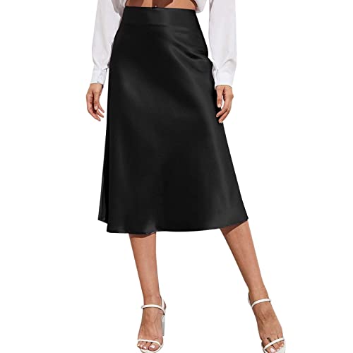 Maxirock Damen Festlich Röcke Elegant Satin-Rock Midi Schwarz Lang Bleistiftrock Hohe Taille Businesskleider Schick satinrock A-Line Seide-Sommerrock Seidenrock von Generic