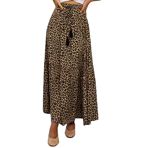 Maxirock Damen Lang,Volant Rock Damen,Faltenrock Damen Elegant Leoparden Freizeitrock Elastischer Bund Swing Maxi Rock A Linie Rüschen Plisseerock Hohe Taille Baumwolle Lange Röcke mit Kordelzug von Generic