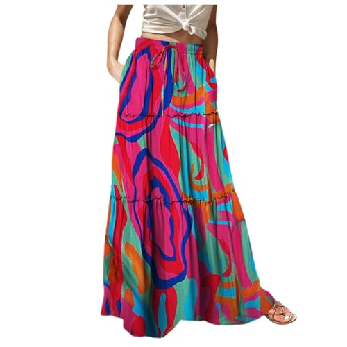 Maxirock Damen Lang Sommer A-Linie Swing Rock Mode Bunt Plisseerock Elastische Taille Sommerrock High Waist Rüschen Faltenrock Boho Blumen Strandrock mit Tasche von Generic