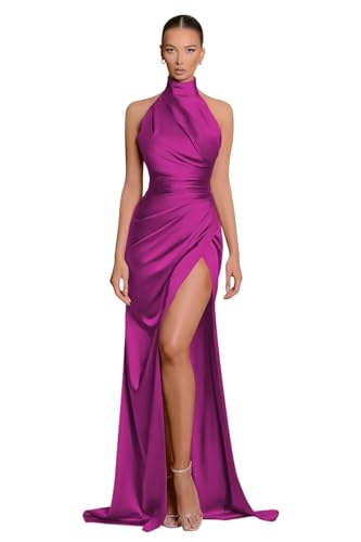 Meerjungfrau Neckholder Brautjungfernkleider FüR Frauen Lange Satin Abschlussballkleider Mit Geschlitzter Abendparty RüCkenfreies Maxikleid Fuchsia M von Generic