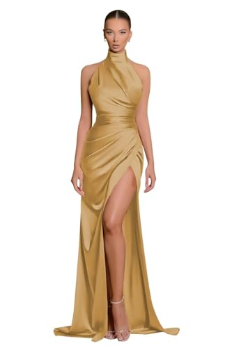 Meerjungfrau Neckholder Brautjungfernkleider FüR Frauen Lange Satin Abschlussballkleider Mit Geschlitzter Abendparty RüCkenfreies Maxikleid Gold XL von Generic