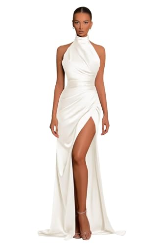Meerjungfrau Neckholder Brautjungfernkleider FüR Frauen Lange Satin Abschlussballkleider Mit Geschlitzter Abendparty RüCkenfreies Maxikleid Ivory XS von Generic