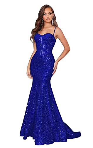 Meerjungfrauen Ballkleider für Frauen Glitzernde Pailletten-Ballkleider Lange Spaghettiträger Formelles Abendpartykleid mit Zug von Generic