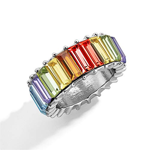 Mehrfarbiger Regenbogen-Prinzessin-Baguette-Schliff Cubic Zirkonia Legierung Ewigkeitsring Ehering für Frauen von Generic