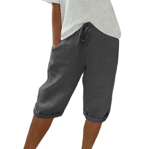 Damen Leinenhose Leicht Und Luftig Mittellange Hosen Locker Strandhose Mit Kordelzug Casual Pants Hohe Taille Freizeithose,Grau,S von Generic
