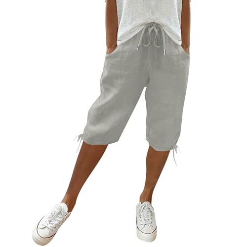 Damen Leinenhose Leicht Und Luftig Mittellange Hosen Locker Strandhose Mit Kordelzug Casual Pants Hohe Taille Freizeithose,Grau,XXL von Generic