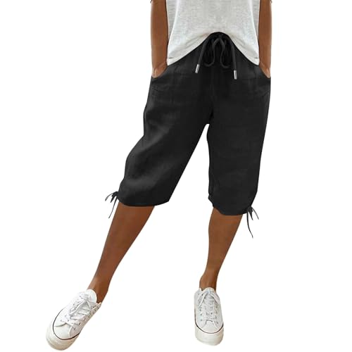 Damen Leinenhose Leicht Und Luftig Mittellange Hosen Locker Strandhose Mit Kordelzug Casual Pants Hohe Taille Freizeithose,Schwarz,XXL von Generic
