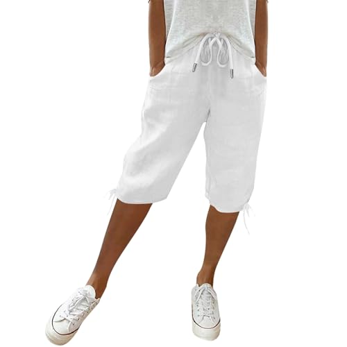 Damen Leinenhose Leicht Und Luftig Mittellange Hosen Locker Strandhose Mit Kordelzug Casual Pants Hohe Taille Freizeithose,Weiß,XXL von Generic