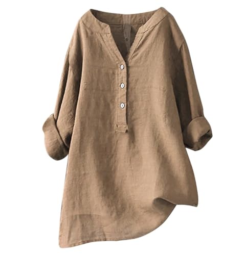 Blusen Tuniken für Damen Leinen Langarmshirt Button Down V Ausschnitt Tunika Shirt Musselin Bluse Casual Große Größen Longbluse,Beige,3XL von Generic