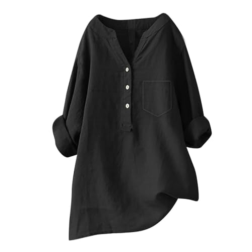 Blusen Tuniken für Damen Leinen Langarmshirt Button Down V Ausschnitt Tunika Shirt Musselin Bluse Casual Große Größen Longbluse,Schwarz,3XL von Generic