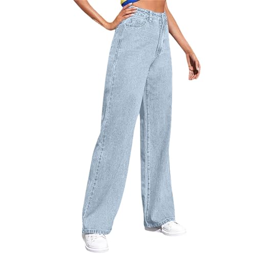 Damen High Waist Jeans Weites Bein Stretch Baggy Straight Leg Jeanshose Mit Taschen,Blau,XL von Generic