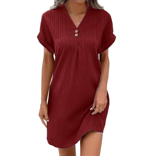 Meine Bestellungen AnzeigenSommerkleid Damen Knopfleiste Knielang Strandkleid Einfarbig Komfortabel Boho Blusenkleid Style Freizeit Kleid (Red-B, XL) von Generic