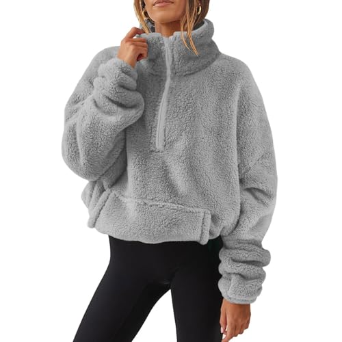 Meine bestellungen anzeigen Pullover Damen Teddy Fleece Langarmshirt Flauschig Fleecepullover Leichte Sweatshirt Bequeme Weiche Bluse Winter Oberteile Half Zip Tops Stehkragen Shirt Einfarbig von Generic